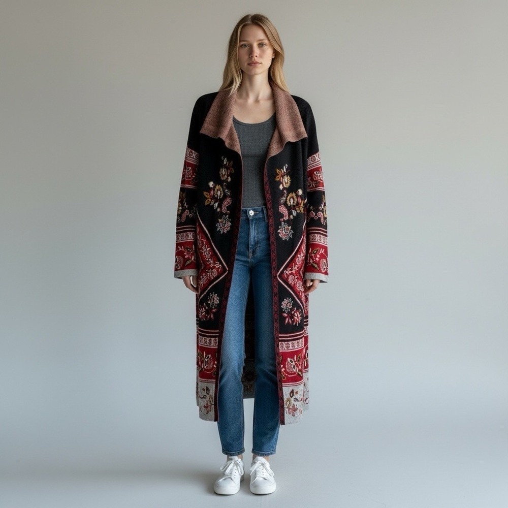 MAXSPORT Long Open  Cardigan Duster Sweater Red Black Grey Red Multi L Boho